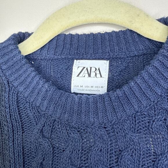 Zara Women's Medium Tri-Colored Navy Blue Cable Knit Sweater Crew Neck Cotton - Picture 3 of 6